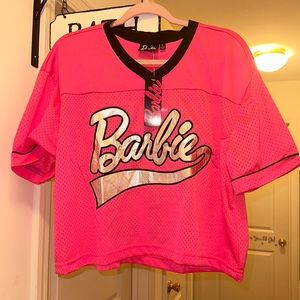 NWT Barbie cropped jersey/top, silver lettering & Malibu/59 on back. Hot pink.